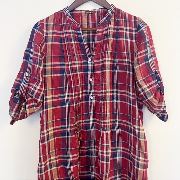 J. McLaughlin Rivera Plaid Linen Dress Size Medium Red/Blue Button Front - Picture 2 of 11